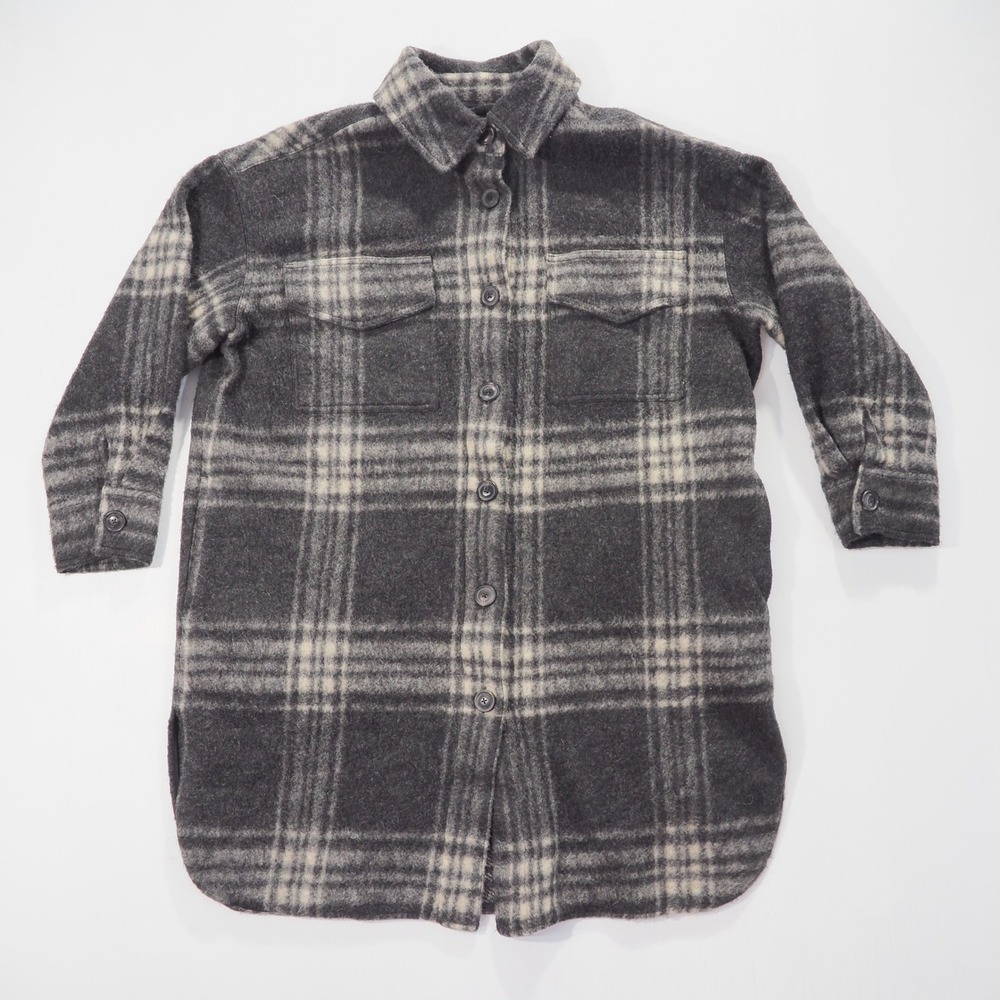 Faherty Flannel Shirt Jacket Womens Large Gray Plaid Wool Blend Shacket Pockets